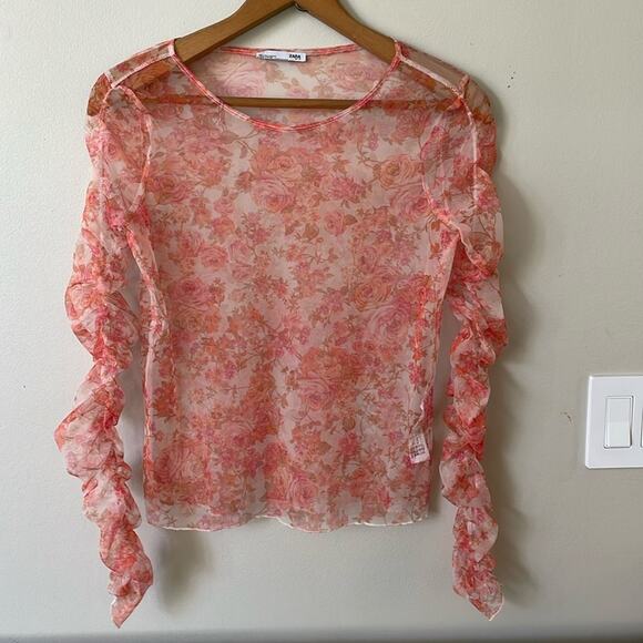 ZARA Sheet Floral Mesh Bubble Sleeve Crewneck Crop Top Size Small - Picture 1 of 4